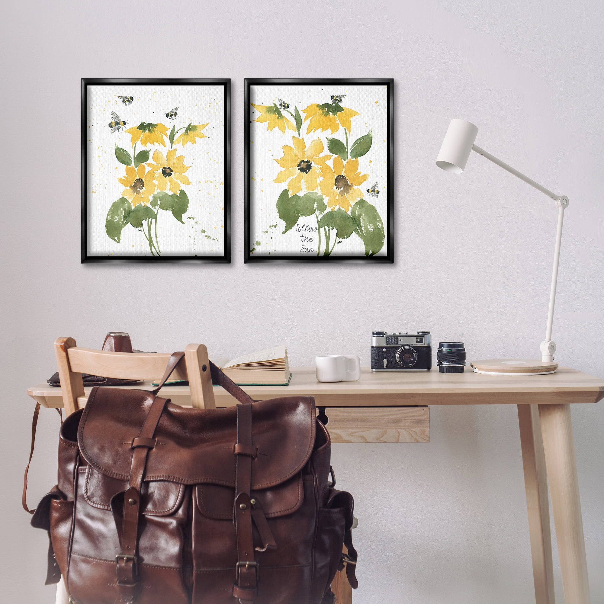 Stupell Industries Follow the Sun Flowers Plants & Flowers Painting Black Floater Framed Canvas Art Print Wall Art, 17 x 21, Set of 2