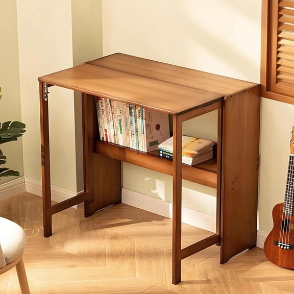 41'' Bamboo Folding Desk with Bookshelf, Space-Saving Computer Desk, Mid Century Modern Foldable Study Table for Home Office, Bedroom, Small Spaces - Brown