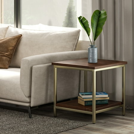 Simpli Home - Skyler SOLID MANGO WOOD and Metal 22 inch Wide Square Industrial End Table in - Dark Brown / Gold