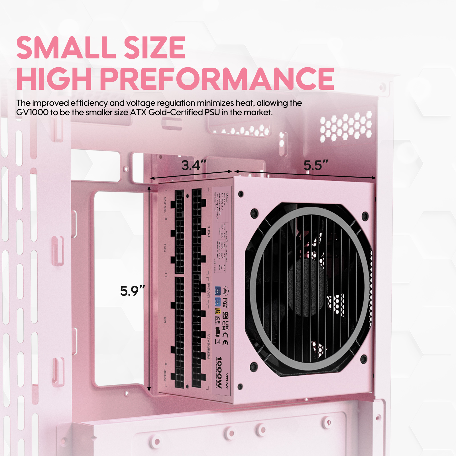 Vetroo 1000W Pink Power Supply ATX 3.1 Ready Dual PCIe 5.1, 80 Plus Gold Full Modular, Japanese 105°C Capacitors, Eco Mode with 120mm FDB Fan, Compact Size, 10 Year After-Sales Service