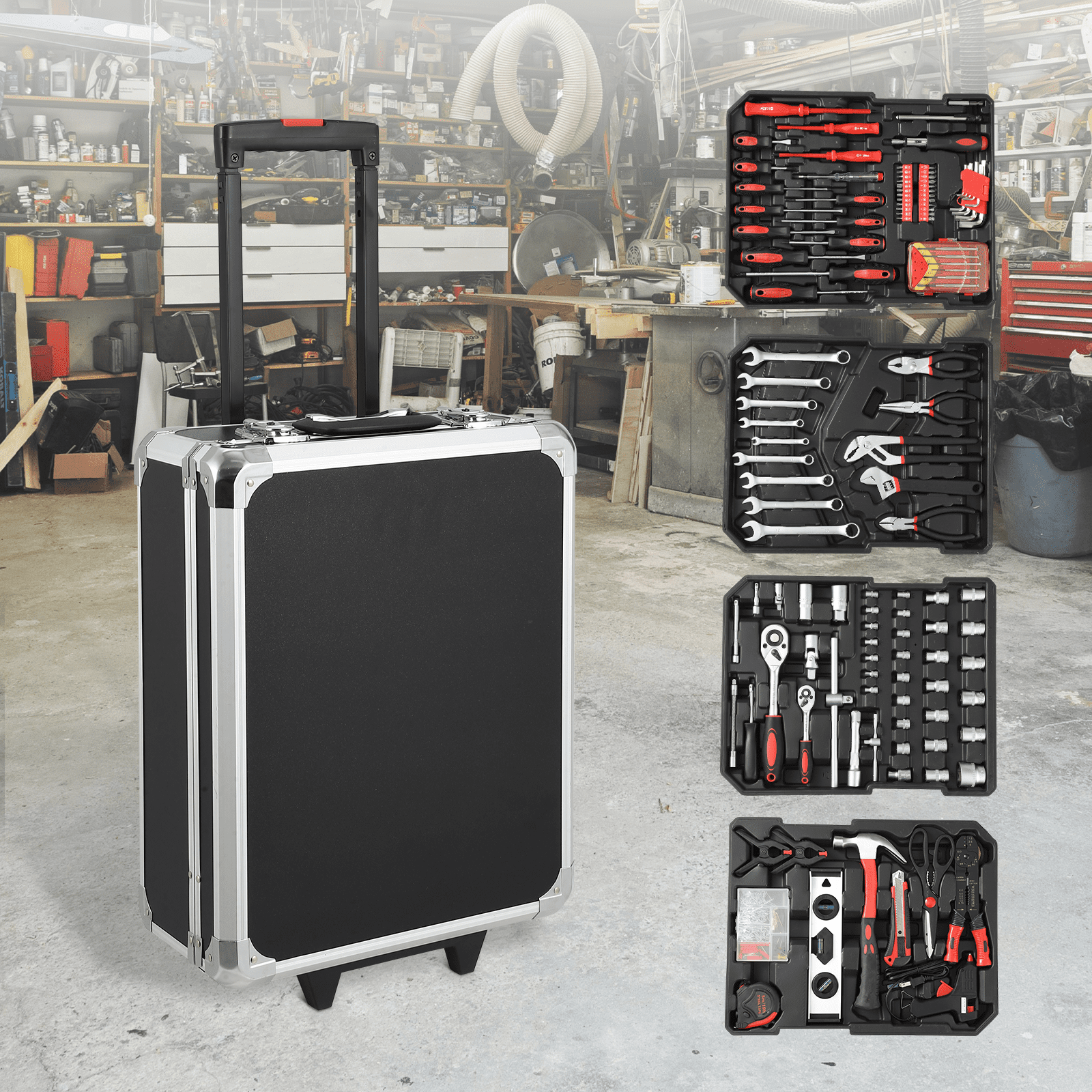 800-Piece Ultimate Mechanic Tool Kit with Aluminum Trolley Case Full Set of Sockets, Wrenches & Hand Tools 4-Tier Organized Storage Professional Repair Tool Box for Auto Maintenance, Garage & Garden