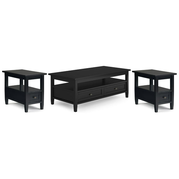 Warm Shaker Solid Wood Transitional 48 inch Wide Coffee Table with 2 14 inch Wide End Tables in Black (Set of 3)