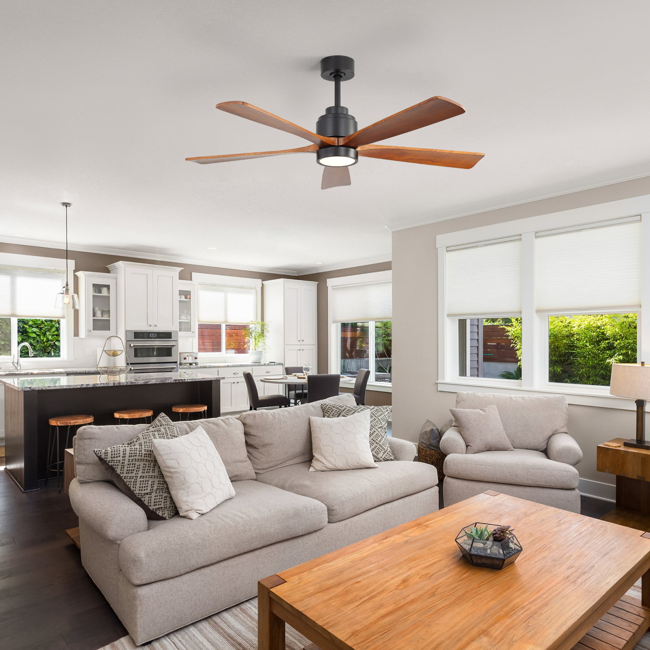 Sofucor 52" Ceiling Fan with Lights, Remote Control, Reversible Noiseless Motor, 3 Walnut Wooden Blades