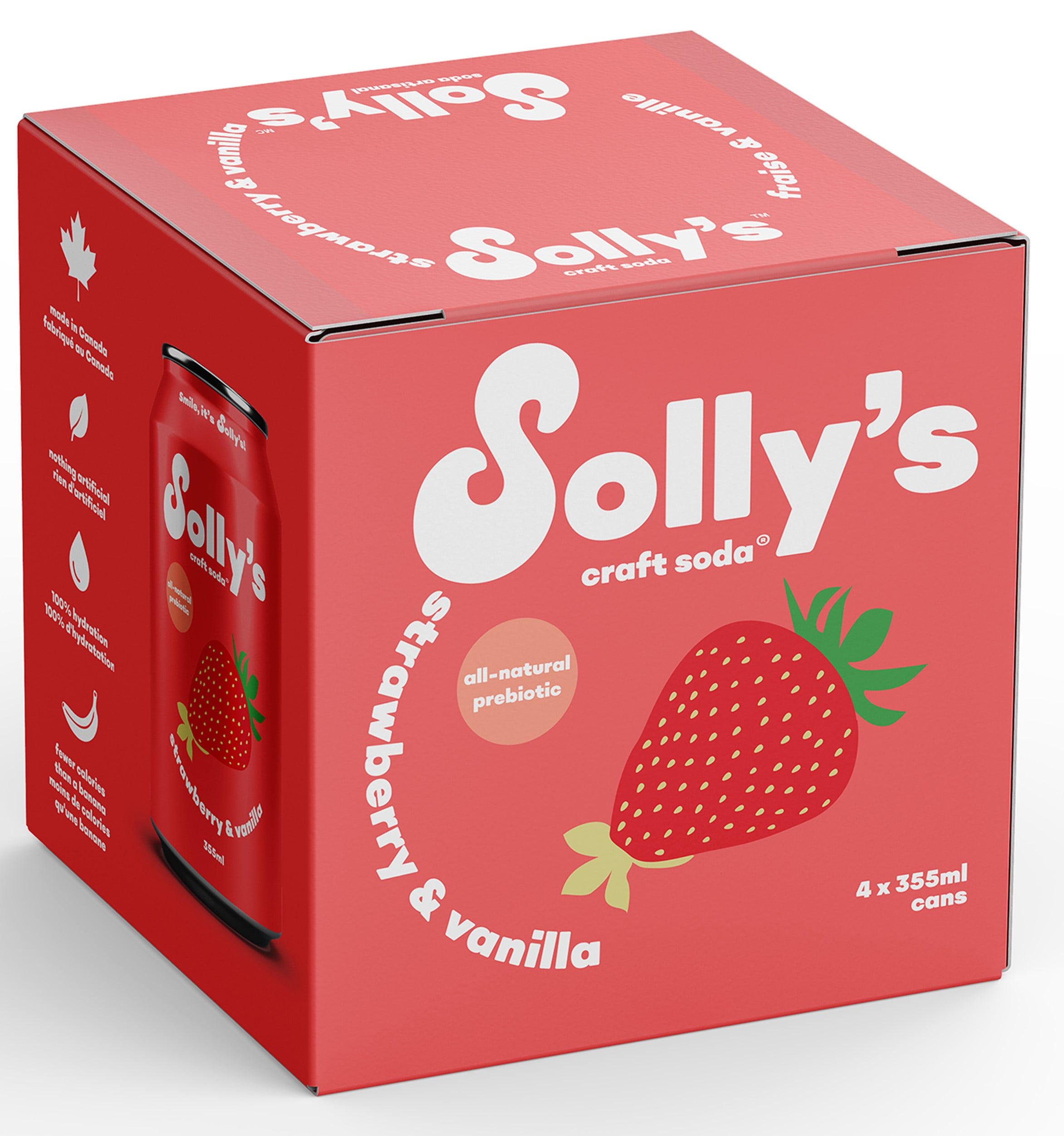 Solly's, Strawberry and Vanilla Prebiotic Craft Soda, 355 ml, 4 pack Cans, 4 x 355 mL