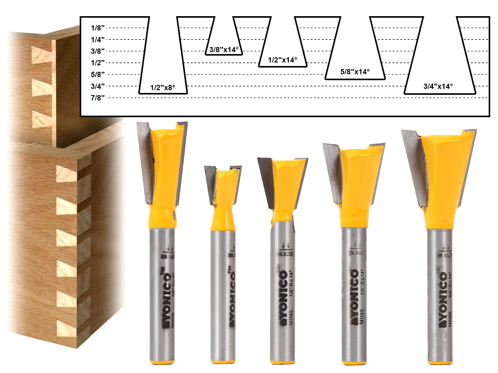 5 Bit Dovetail Router Bit Set - 1/4" Shank - Yonico 14520q