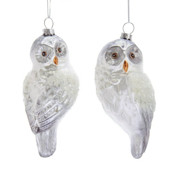 Set of 2 SILVER & GREY OWL Glass Christmas Ornaments by Kurt Adler