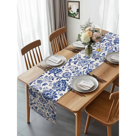 Burlap Table Runner 120 Inches Long, Traditional Blue Blooming Peonies Non-Slip Kitchen Table Runners for Dining Room Everyday Use Party Table Decorations Perching Birds