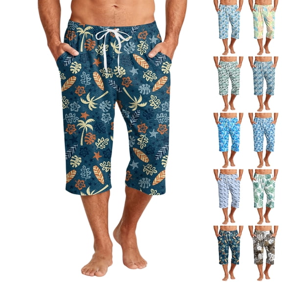 Mens Swim Trunks Men's Casual Hawaiian Print Drawstring Cropped Capri Pants Resort Print Swim Trunks with Elastic Waist Summer Beach Shorts for Vacation Spring Travel Blue L