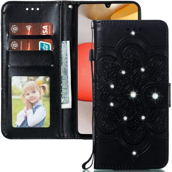 Case for Galaxy A23 Case Glitter Bling Diamond Mandala Embossed Magnetic Flip Wallet Case with Card Holder Slots Kickstand Protective Case Wallet for Samsung Galaxy A23 Mandala-Black