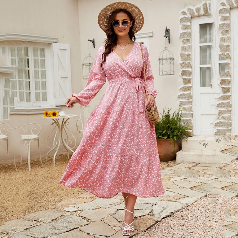 Women Plus Size V Neck Wrap Maxi Dress High Waist Ruffle Summer Casual Dress  with Belt Long Sleeve - Walmart.com