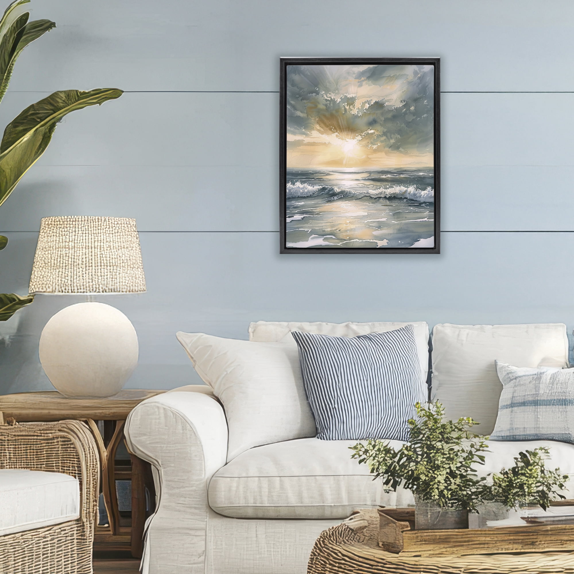 Stupell Industries Sunlit Waves Golden Reflection Black Framed Floater Canvas Wall Art, design by Petal Prints Design