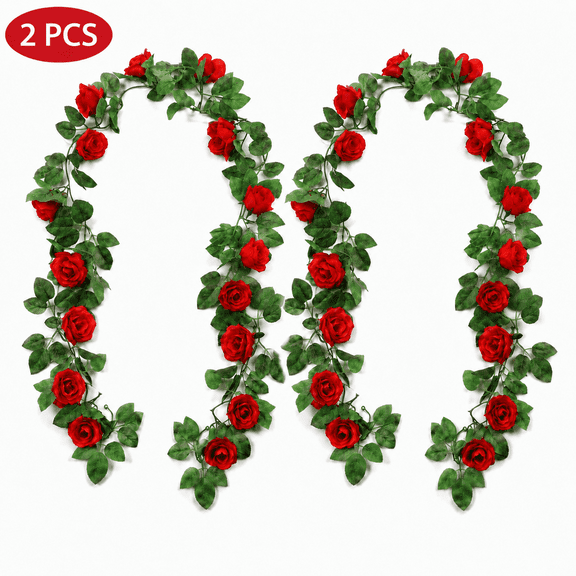 7.5FT Artificial Rose Vine Garland - 16 Flowers Each,Red Fake Flower for Wedding,Home,and Spring Summer Decor,2 Pcs