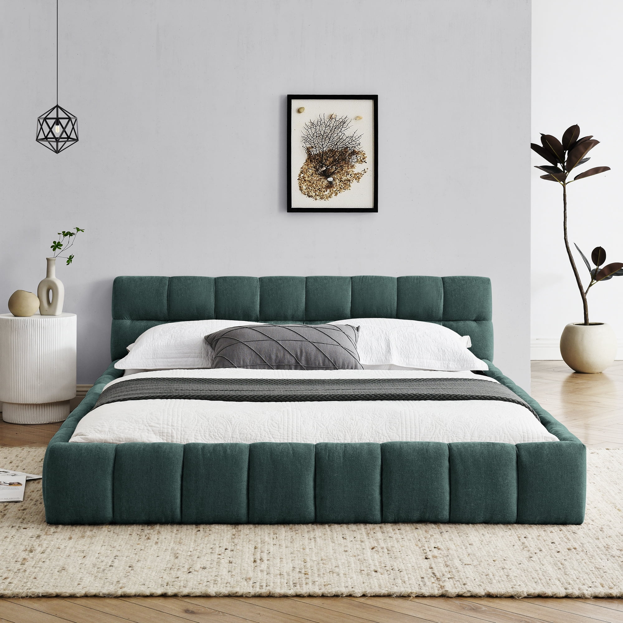 Queen Bed Frame with Thick Fabric, Chenille Fabric Grounded Queen Size Platform Bed with Headboard and Solid Frame, No Box Spring Needed, Upholstered Bed Frame Queen & Soft Bed Frame