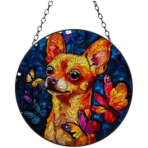 Stained Glass Suncatcher Chihuahua Dog and Butterflies Handmade Window Hangings Colored Glass Suncatcher Crafts Kits for Indoor Garden Christmas Decoration 16x16cm-1-3
