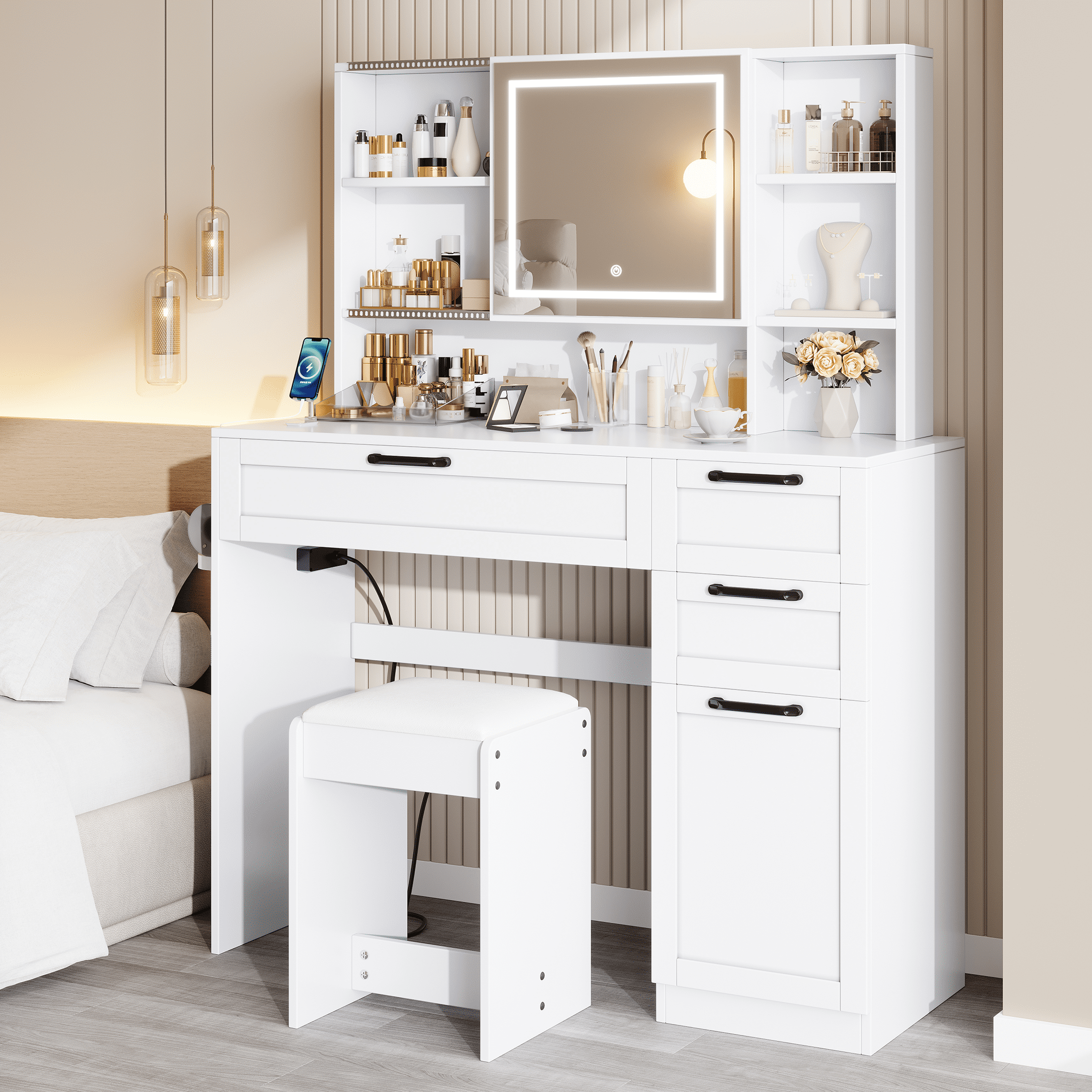SESSLIFE Vanity Set with LED Sliding Mirror, White Makeup Table with 3 Drawers and Charging Station, Makeup Dressing Table Set with Cabinet for Women, Ladies Gifts