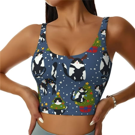 Adobk Festive Cats and Trees Print Sports Bras for Women Longline Workout Crop Tank Tops Padded with Built in Shelf Padded Sports Bra-Large