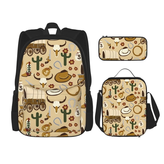 Naloa Wild West Cowboy Print Large Capacity Backpack Lunch Bag Pencil Case Combination 3 Piece Set for Student