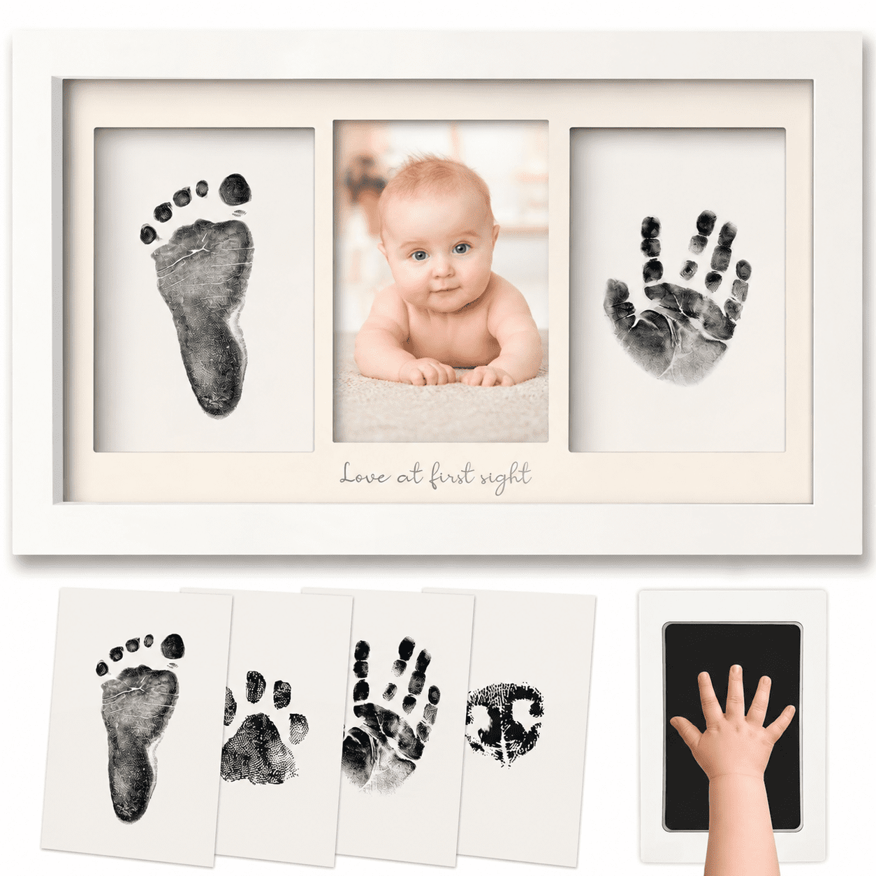 Inkless Footprint Kit,Inkless Hand and Footprint Kit，Clean Touch Ink Pads and Imprint Cards，Inkless Handprint Keepsake Frame, Newborn Nursery Picture Frame, Personalized New Mom Gifts for Baby Shower