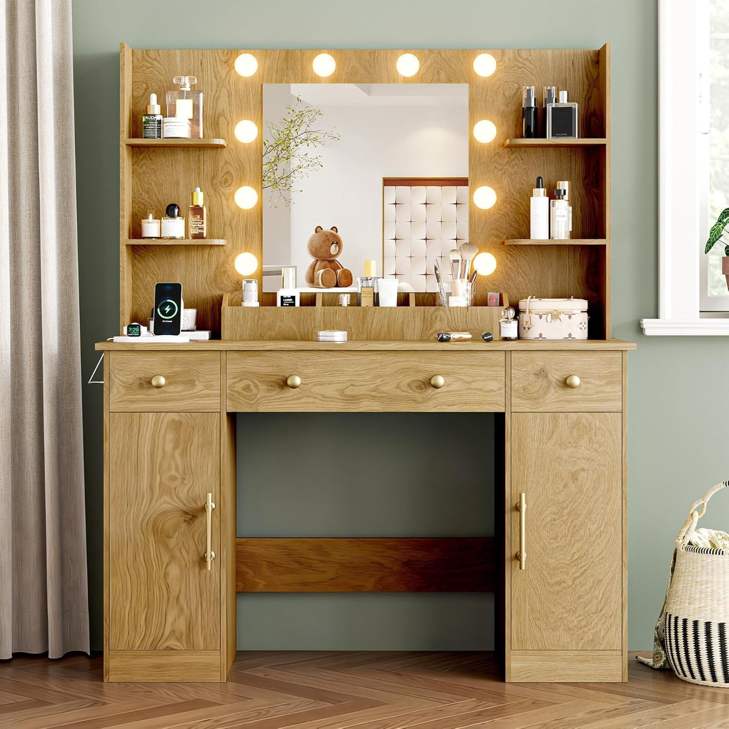 FANRAL 43'' Vanity Desk with 10 LED Lights,Under-Table RGB Strip & Built-in Power Station,Multi-Storage Makeup Table for Bedroom Bathroom Grooming,Natural Oak Vanity