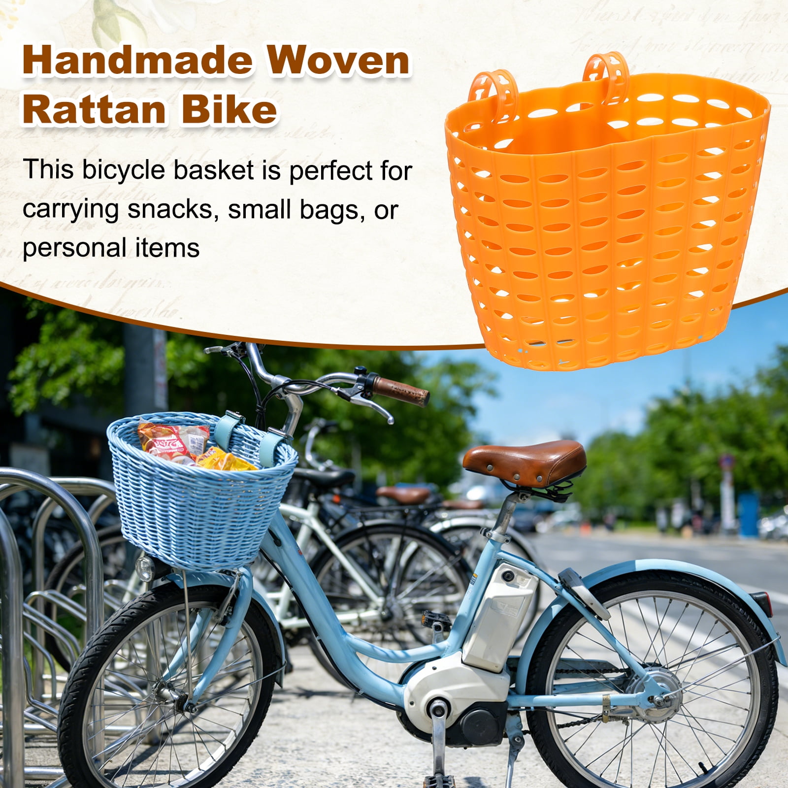 Uxcell Bike Basket, Plastic Bicycle Basket Adjustable Front Baskets with 2 Adjustment Buckles Unisex Strong Load 7.7 x 5.1 x 5.9" & Orange-Fitting For(Most Bikes/Tricycle/Scooters)