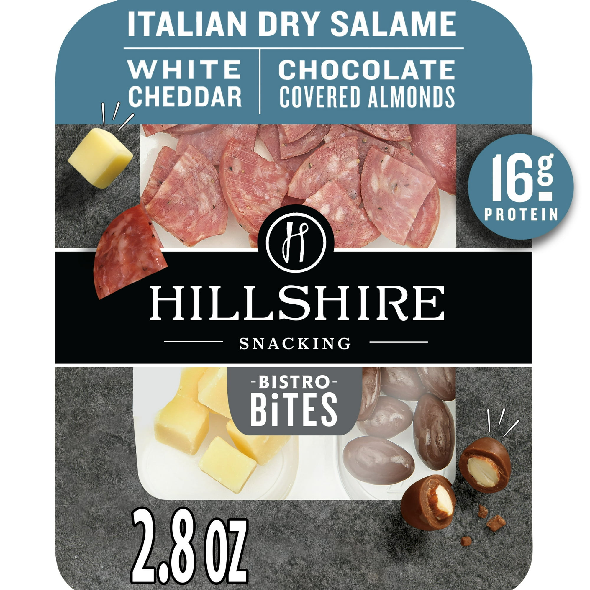 Hillshire Snacking Protein Bistro Bites, Italian Dry Salami, White Cheddar Cheese & Chocolate Covered Almonds Snack Pack, 2.8 oz (Refrigerated)