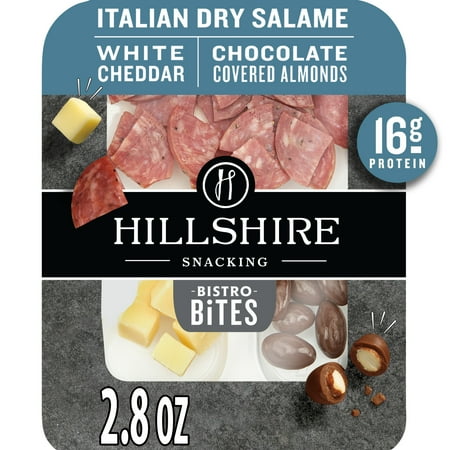 Hillshire Snacking Protein Bistro Bites, Italian Dry Salami, White Cheddar Cheese & Chocolate Covered Almonds Snack Pack, 2.8 oz (Refrigerated)