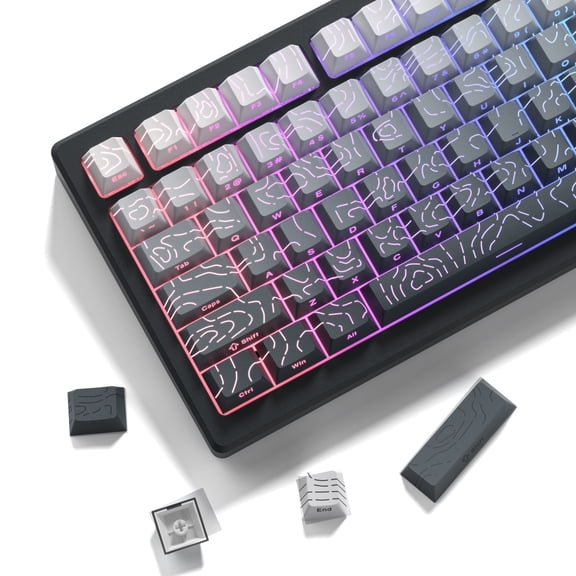 COSTOM Side Printed Shine Through PBT Keycaps, 135 Keys Double Shot Keycaps Set 60% 65% 75% 100% Layout, Cherry Profile, Gradient Black Topographic Custom Key Caps for MX Gateron Mechanical Keyboards