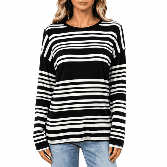WQD Long Sleeve Shirts for Women Crew Neck Striped Tops Lightweight Casual Everyday Shirt Soft Women's Top for Spring Fall Winter Available in S-4XL Including Plus Size
