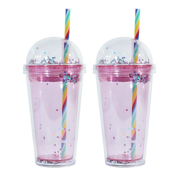 16oz Double Wall Acrylic Tumbler Cups with Dome Lids and Straws, Glitter Confetti Cold Drink Cups, Set of 2, Hot Pink
