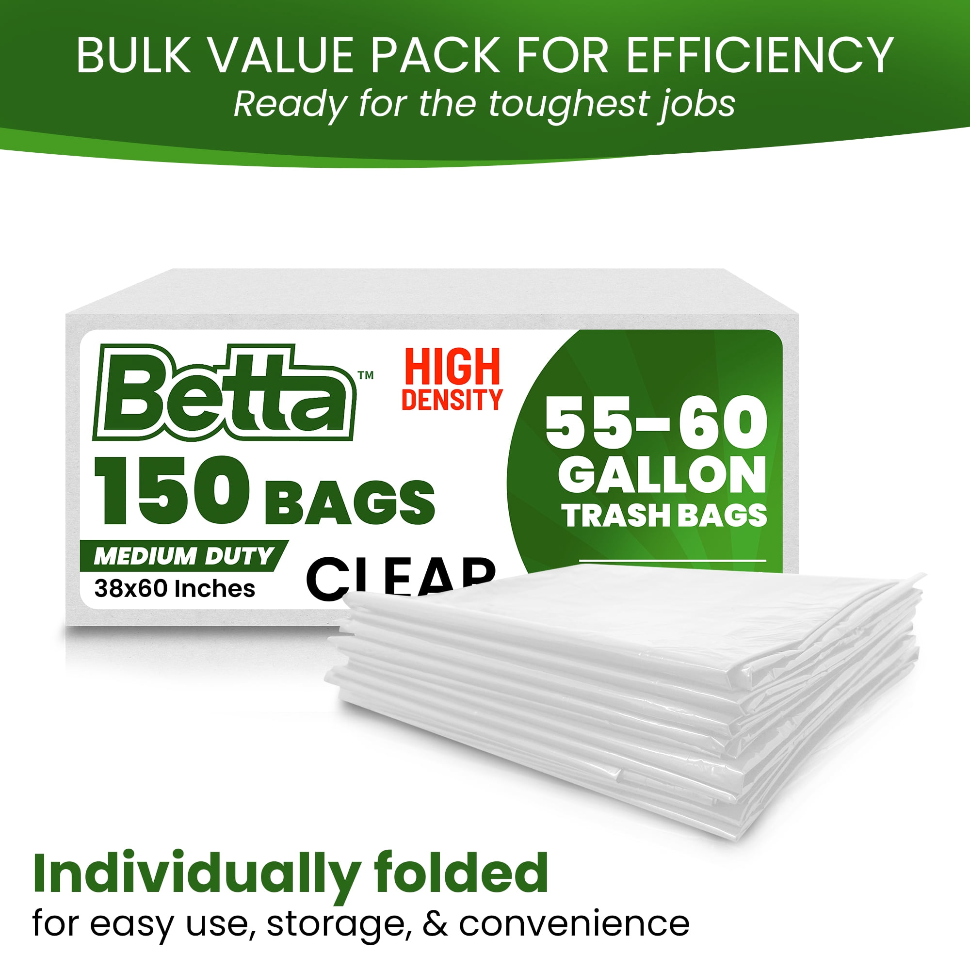 Betta 55-60 Gallon Clear High-Density Trash Bags, 150 Count Box, (38x60-inch) Commercial Medium-Duty Garbage Can Liners