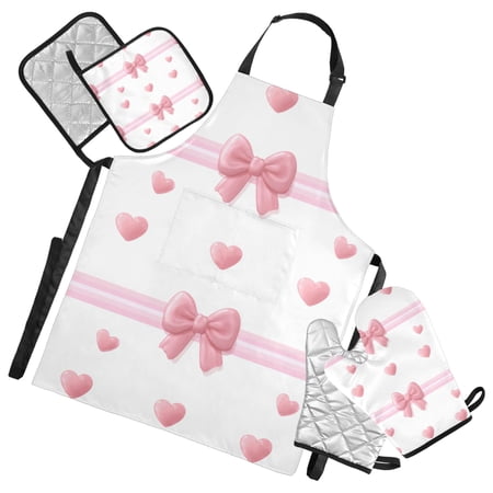 Pink Bows Stripes Hearts Valentine Apron Set with Oven Mitts Pot Holders Set of 5 Kitchen Stuff Accessories