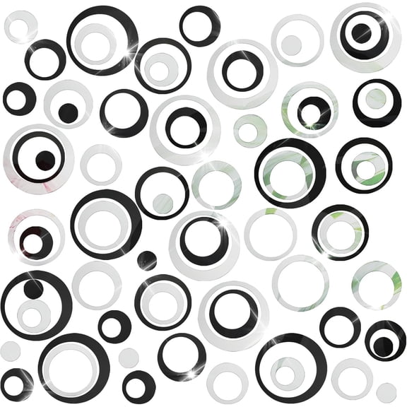 FULANDL 48Pcs Mirror Stickers,Acrylic Circle Wall Stickers Removable DIY Self-Adhesive Hollow Art Mural Wall Decals for Home Office Decor(Silver,Black