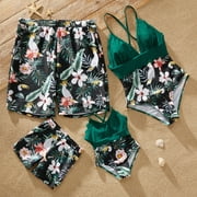 Patpat Family Look Deep V-neck Floral Print Stitching Solid One-piece Matching Swimsuits
