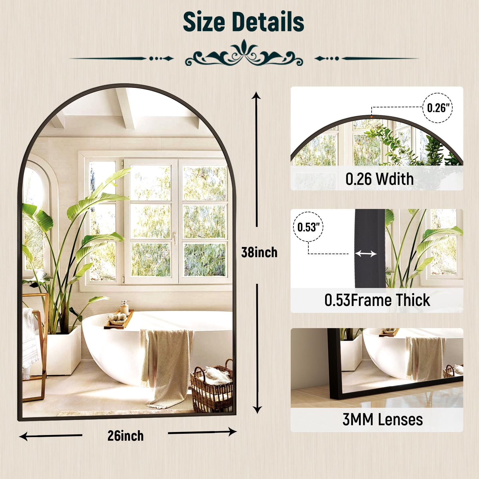 BEAUTYPEAK 26"x38" Arched Bathroom Mirror Wall-mounted Mirror,Black