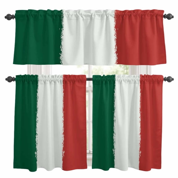 Mexican Flag Shabby Kitchen Curtains, Kitchen Curtains and Valances Set of 3, Green White Red Stripes Light Filtering Tailored Tier Curtain 36 Inch Length Drapes for RV Cafe Bathroom Bedroom