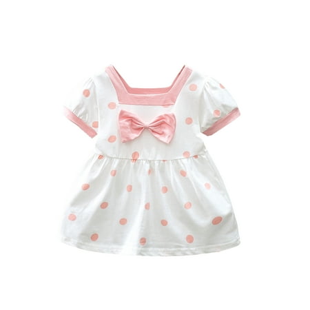 

Infant Toddler Baby Girl Princess Dress Short Sleeve Dot Print Square Neck Bowknot Summer Sweet Dress