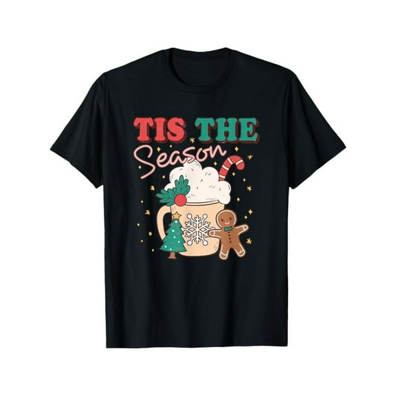 Gingerbread Coffee Tee "Tis The Season" Graphic Christmas Top Holiday Party Apparel Black S-5XL