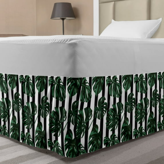 Jungle Foliage Bed Skirt, Pattern of Monstera Leaves on Vertical Brushstroke Stripes, Elastic Bedskirt Dust Ruffle Wrap Around for Bedding Decor, 4 Sizes, Charcoal Grey Green, by Ambesonne