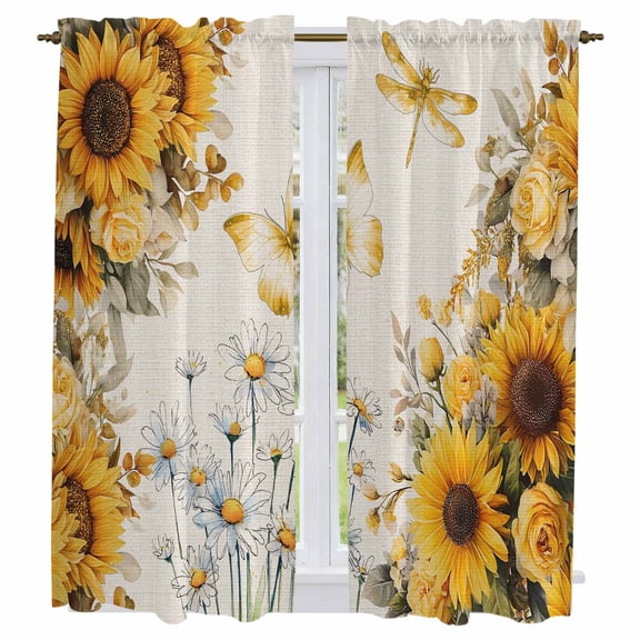 Farmhouse Sunflower Kitchen Curtains 63 Inch Length, Vintage Daisy Butterflies Rustic Burlap Tiers Curtains for Living Room Berdoom, Light Filtering Drapes Window Treatment 2 Panels 42"Wx63"L