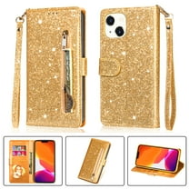 iPhone 13 Wallet Case for Women/Girls,Dteck Bling Glitter Sparkly Girly Folio Leather Zipper Pocket Magnet Clasp Phone Case with 3 Card Holder,Strap and Stand for iPhone 13 6.1 Inch,Gold