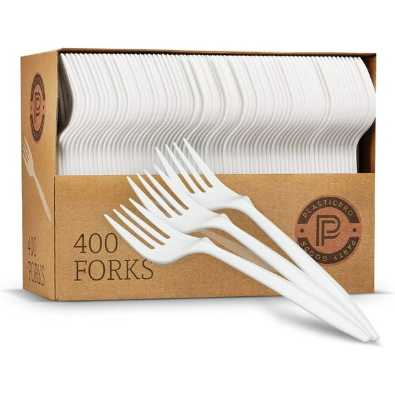 PLASTICPRO Disposable Plastic Forks Mediumweight Cutlery Utensils, 400 Pack