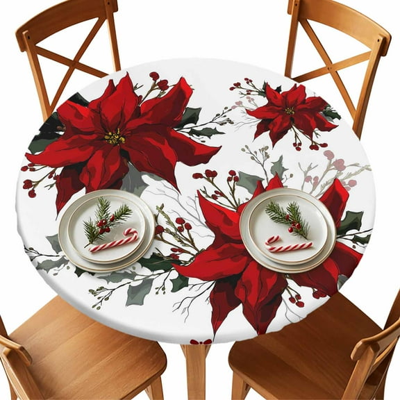 Round Tablecloth Christmas Poinsettia Flowers Elastic Edge Fitted White Plastic Table Cover,Waterproof Oil Proof for Dinner,Outdoor, Picnic, 36" - 44"  DIA Tables