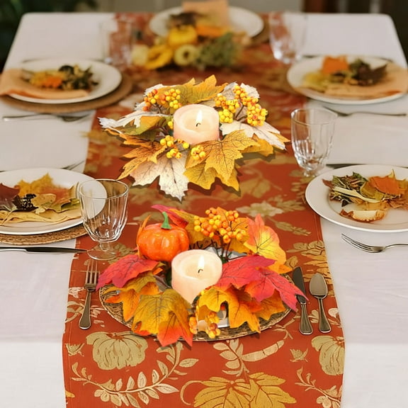 OEFNTAC Artificial Maple Leaf Wreath Halloween Pumpkin Berry Table Decor Candle Holder Fall Home Decoration 20cm Multicolor