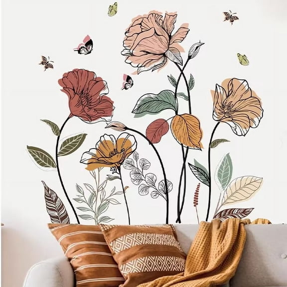 Boho Flower Wall Decals Wildflower Plants Grass Wall Stickers Large Floral Wall Art Decor for Living Room Bedroom Office TV Sofa Backdrop Home Decor Gifts for Mom