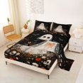 thumbnail image 2 of Manfei Gothic Ghost Bed Sheets 4-Piece, Halloween Spooky Sugar Skull Bat Flower Full Size Sheets, Black Orange White,1 Fitted Sheet, 1 Flat Sheet and 2 Pillowcases, 2 of 5