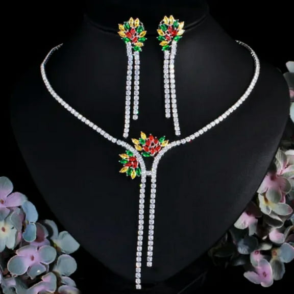 Multicolored Gold CZ Women Jewelry Leaf Tassel Long Drop Necklace Earrings Set