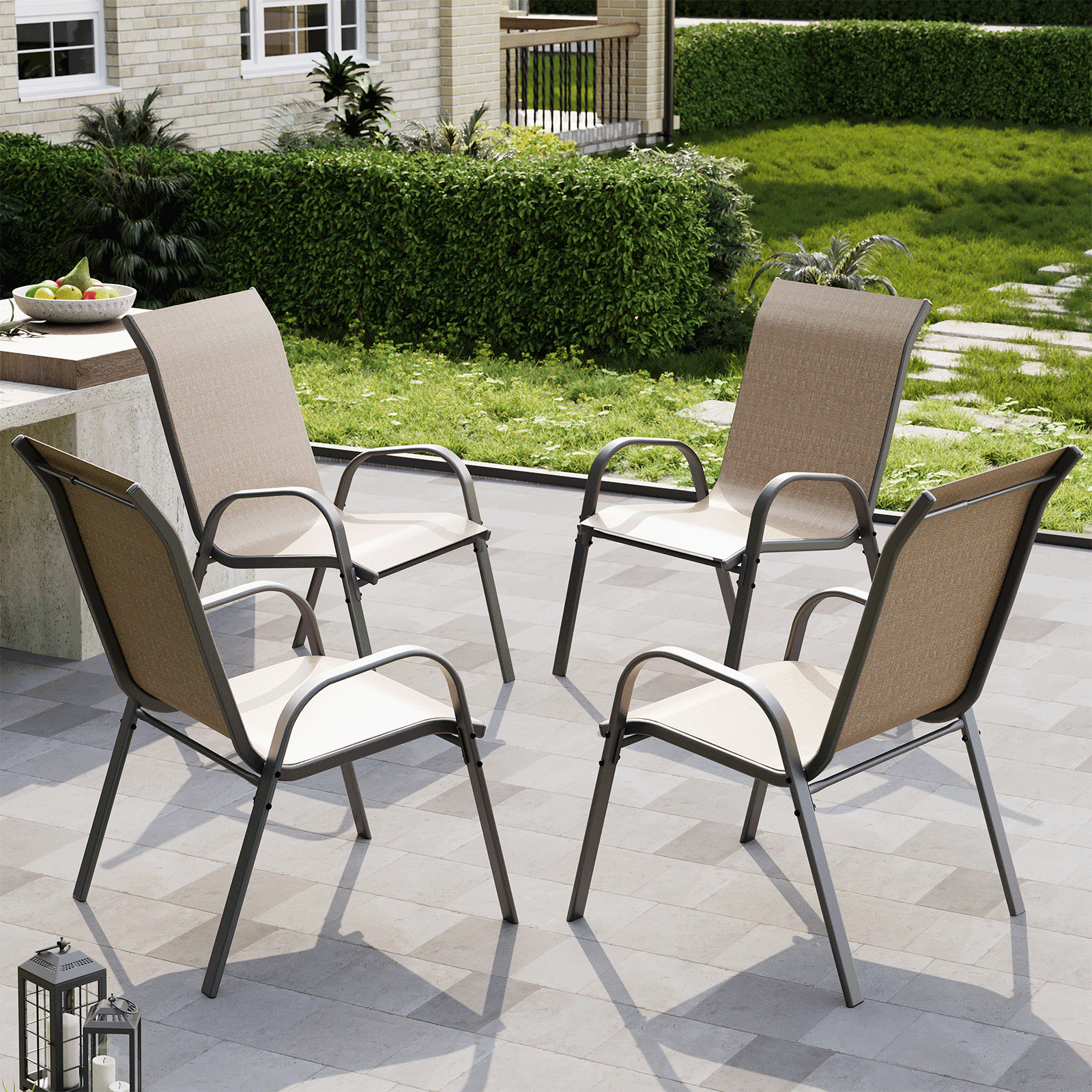 AMOPATIO Patio Chairs Set of 4, Outdoor Stackable Dining Chairs for All Weather, Breathable Garden Outdoor Furniture for Backyard Deck,Brown