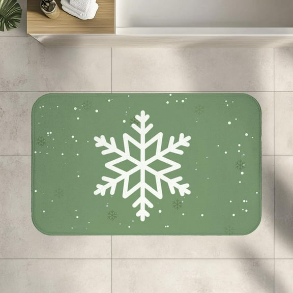 Snowflake Bath Mat Bathroom Rug Kitchen Mats, Winter Trees Bathroom Decor, Christmas Holiday Rug, Green Mat for Home, Bathroom Accessory, White Snowflake, 24"x17"