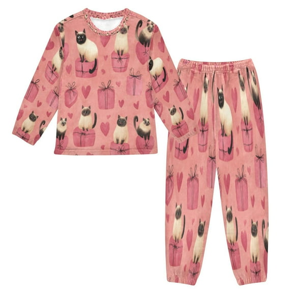BZSMCE Unisex Fluffy Pajama Set Siamese Hearts & Presents Printed