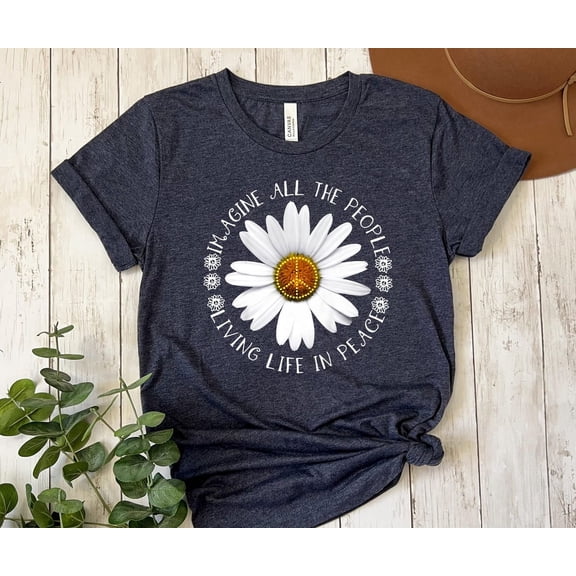 Sam Soft Imagine All the People Living Life in Peace T-shirt, Imagine Peace Shirt, Floral Daisy Peace Sign Tee, Hippie Boho Graphic